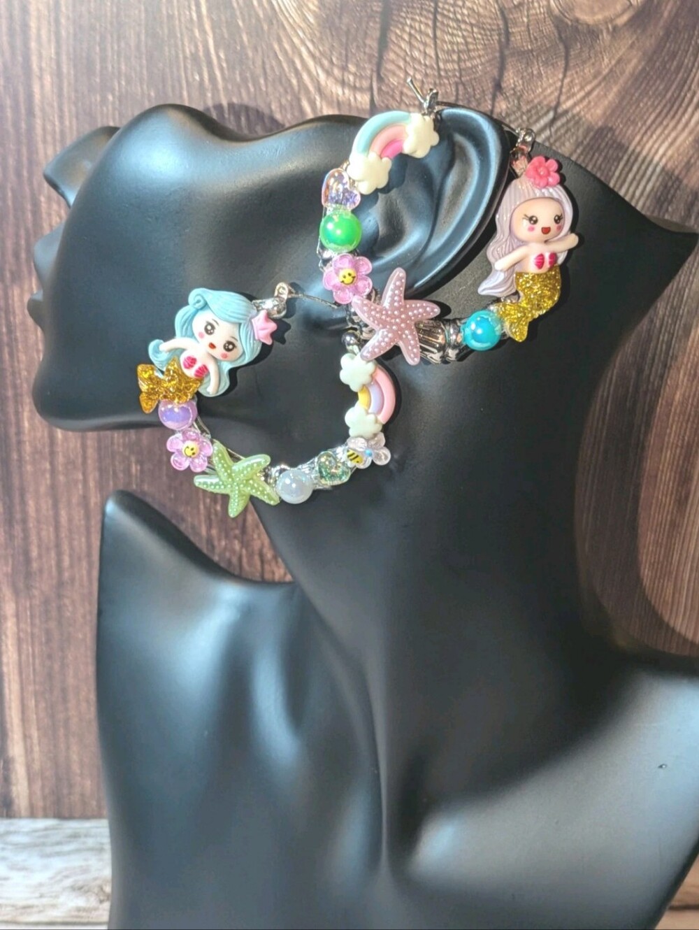 Hand Crafted Women Pastel Mermaid Medium Hoop Earrings - Pink, Blue, Green, Gold